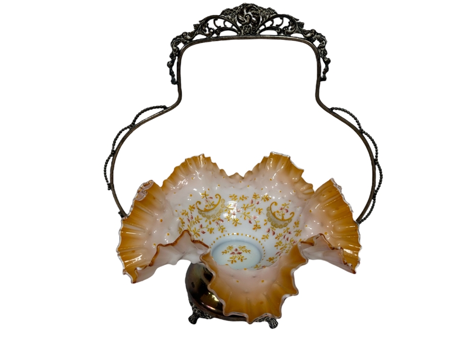 Vintage Victorian Hand Painted Ruffled Glass Bride's Basket With Silverplate Holder 12W X 14H [Photo 2]