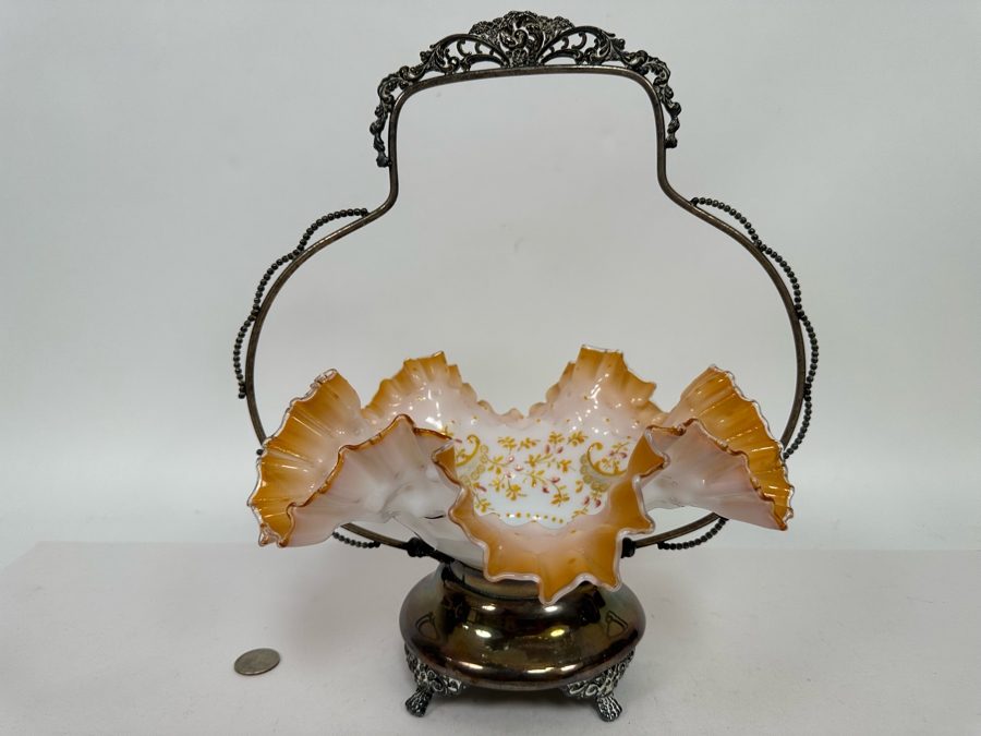 Vintage Victorian Hand Painted Ruffled Glass Bride's Basket With Silverplate Holder 12W X 14H [Photo 5]