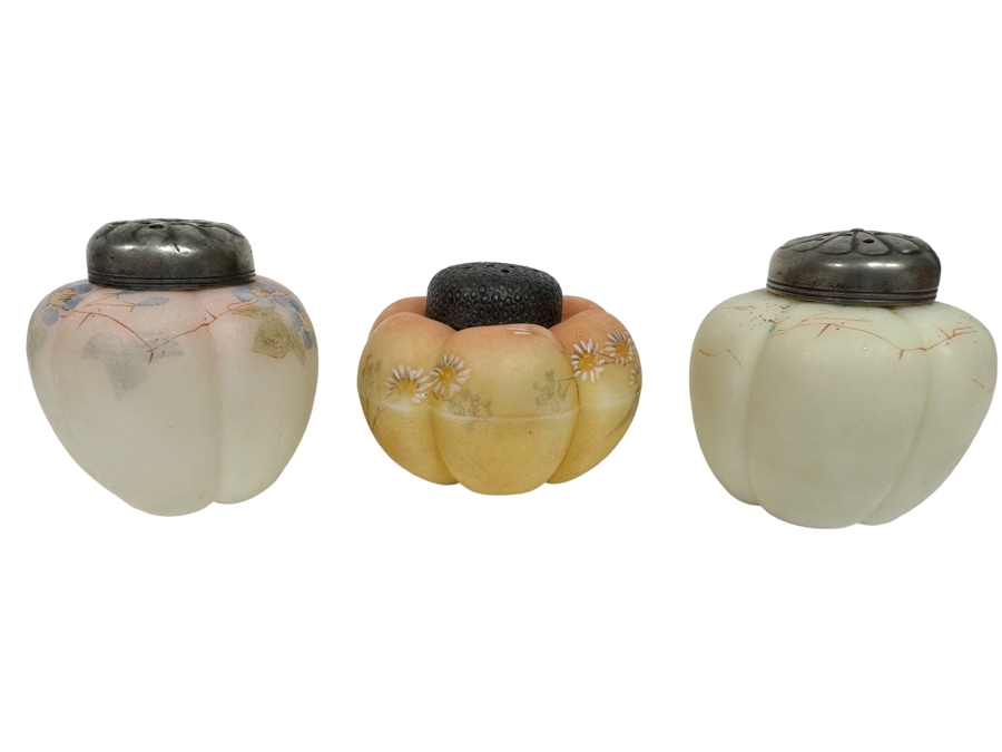 Three Antique Hand Painted Mt. Washington Glass Tomato Melon Salt & Pepper Shakers [Photo 1]