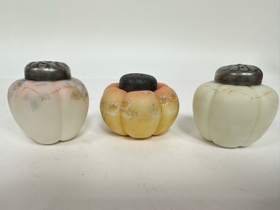 Three Antique Hand Painted Mt. Washington Glass Tomato Melon Salt & Pepper Shakers [Photo 2]
