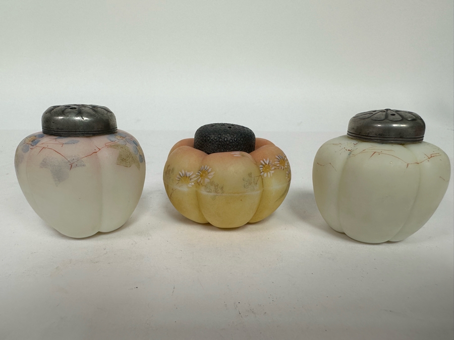 Three Antique Hand Painted Mt. Washington Glass Tomato Melon Salt & Pepper Shakers [Photo 3]