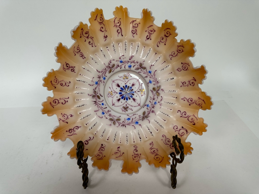 Antique Victorian Hand Painted Ruffled Glass Brides Basket Bowl 9W X 2.5H [Photo 3]
