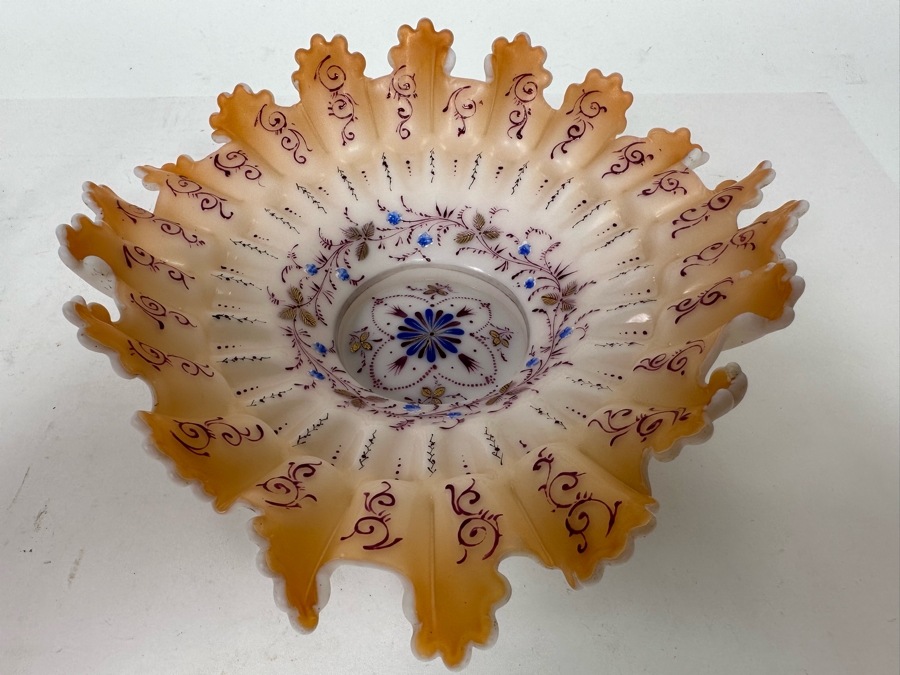 Antique Victorian Hand Painted Ruffled Glass Brides Basket Bowl 9W X 2.5H [Photo 6]