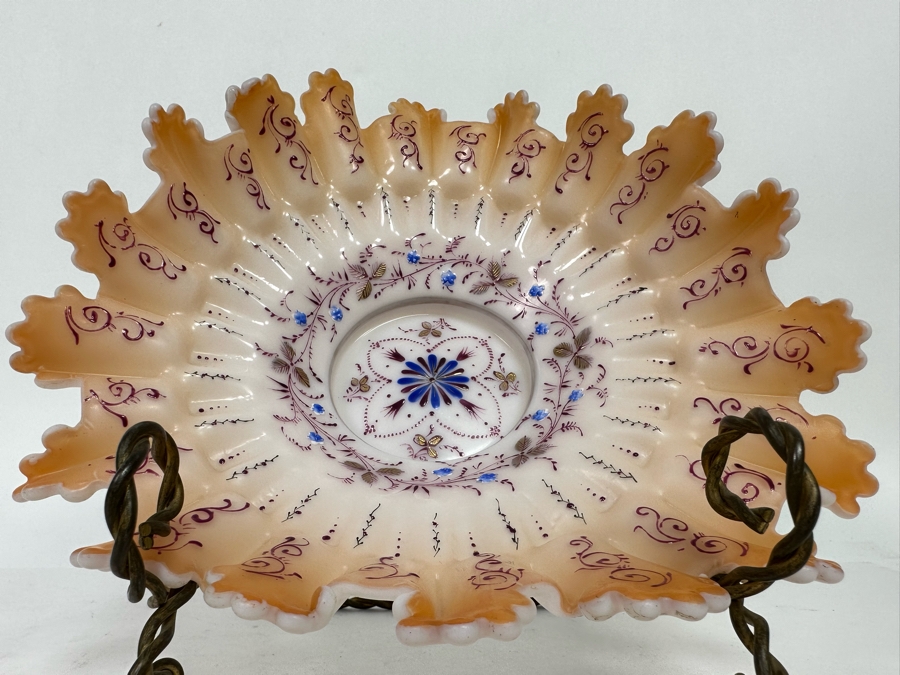 Antique Victorian Hand Painted Ruffled Glass Brides Basket Bowl 9W X 2.5H [Photo 5]