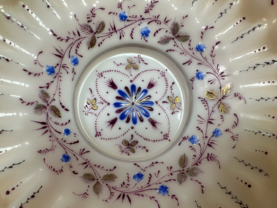 Antique Victorian Hand Painted Ruffled Glass Brides Basket Bowl 9W X 2.5H [Photo 4]