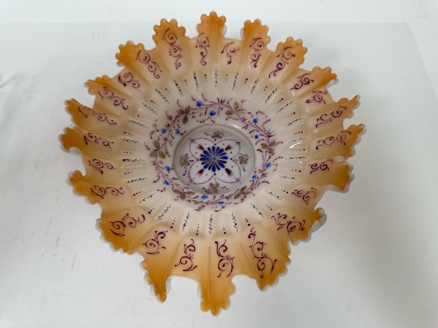 Antique Victorian Hand Painted Ruffled Glass Brides Basket Bowl 9W X 2.5H [Photo 7]