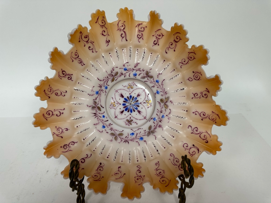 Antique Victorian Hand Painted Ruffled Glass Brides Basket Bowl 9W X 2.5H [Photo 2]
