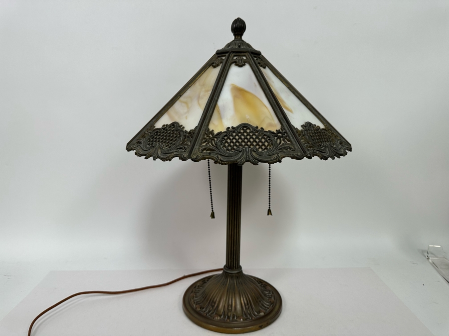 Antique Original Bradley & Hubbard Signed Bronze Table Lamp With Slag Glass Shade [Photo 7]