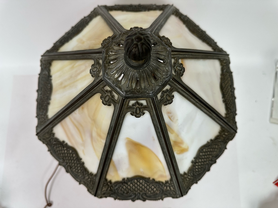 Antique Original Bradley & Hubbard Signed Bronze Table Lamp With Slag Glass Shade [Photo 13]