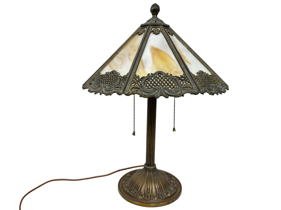 Antique Original Bradley & Hubbard Signed Bronze Table Lamp With Slag Glass Shade [Photo 2]