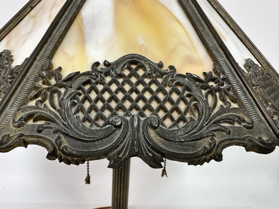 Antique Original Bradley & Hubbard Signed Bronze Table Lamp With Slag Glass Shade [Photo 9]