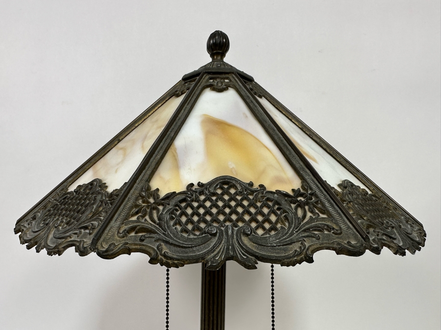 Antique Original Bradley & Hubbard Signed Bronze Table Lamp With Slag Glass Shade [Photo 10]