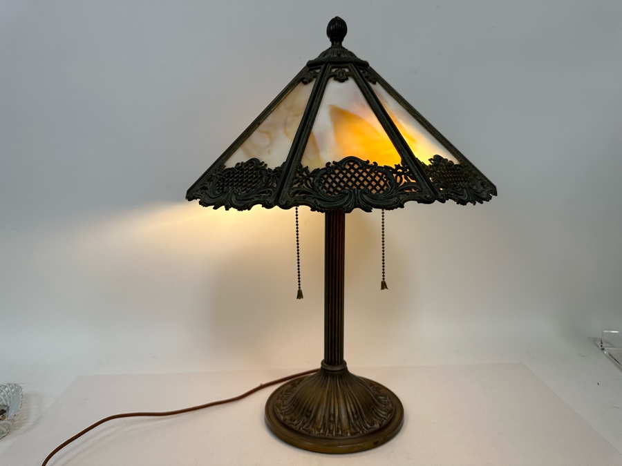 Antique Original Bradley & Hubbard Signed Bronze Table Lamp With Slag Glass Shade [Photo 5]