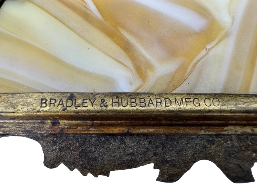 Antique Original Bradley & Hubbard Signed Bronze Table Lamp With Slag Glass Shade [Photo 4]