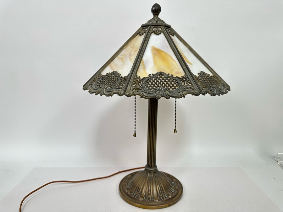 Antique Original Bradley & Hubbard Signed Bronze Table Lamp With Slag Glass Shade [Photo 8]