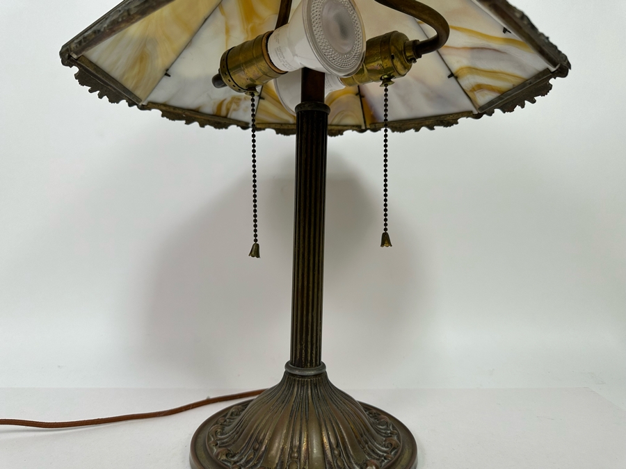 Antique Original Bradley & Hubbard Signed Bronze Table Lamp With Slag Glass Shade [Photo 12]