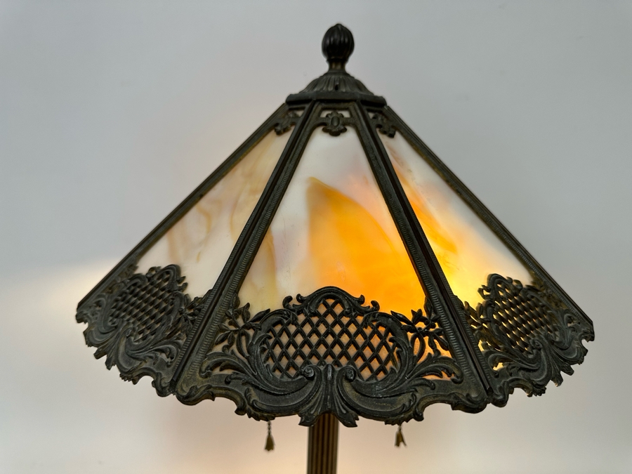 Antique Original Bradley & Hubbard Signed Bronze Table Lamp With Slag Glass Shade [Photo 6]