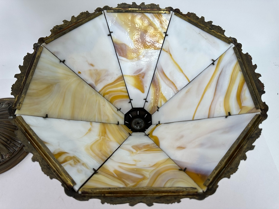 Antique Original Bradley & Hubbard Signed Bronze Table Lamp With Slag Glass Shade [Photo 14]