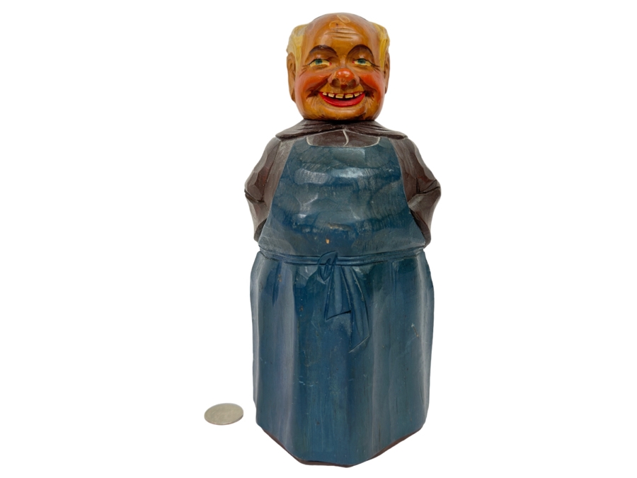 Vintage Carved Wooden Monk Friar Bottle 9.5H