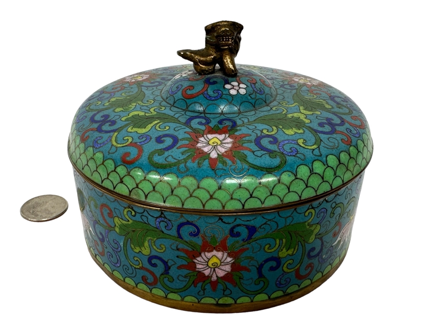 Vintage Chinese Cloisonne Jar With Foo Dog Finial Lid 5W X 4H