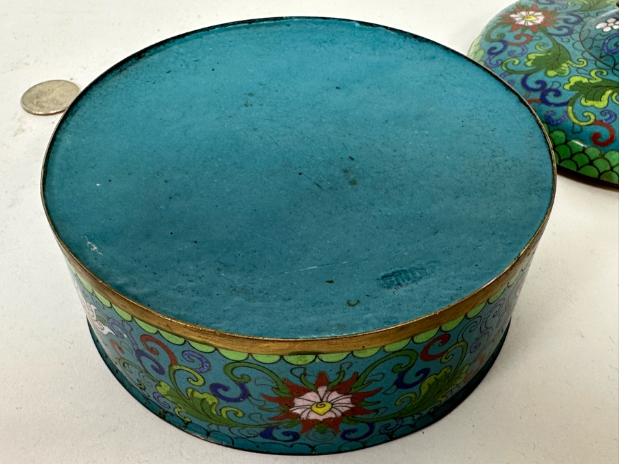 Vintage Chinese Cloisonne Jar With Foo Dog Finial Lid 5W X 4H [Photo 7]