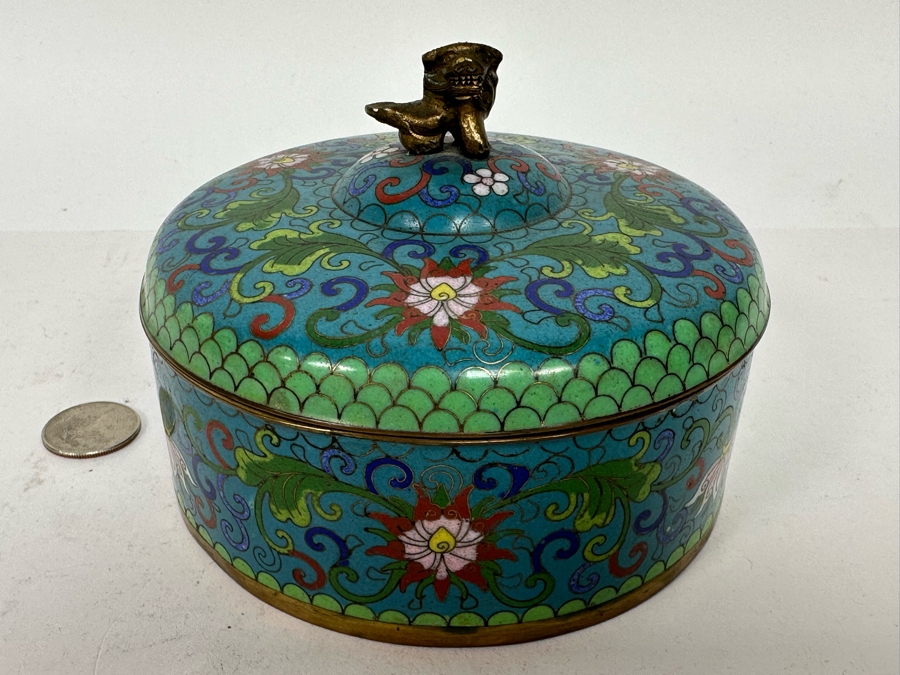 Vintage Chinese Cloisonne Jar With Foo Dog Finial Lid 5W X 4H [Photo 2]