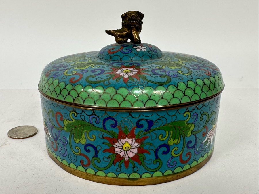 Vintage Chinese Cloisonne Jar With Foo Dog Finial Lid 5W X 4H [Photo 3]