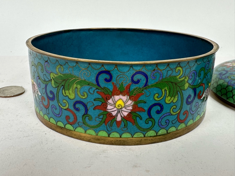 Vintage Chinese Cloisonne Jar With Foo Dog Finial Lid 5W X 4H [Photo 6]