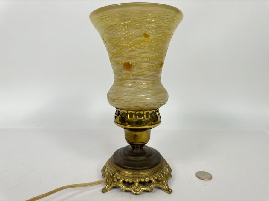 Vintage Brass Table Lamp With Glass Shade 9H [Photo 2]