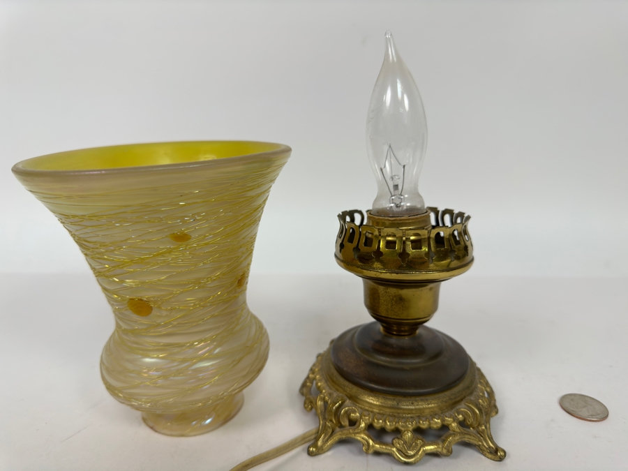 Vintage Brass Table Lamp With Glass Shade 9H [Photo 10]