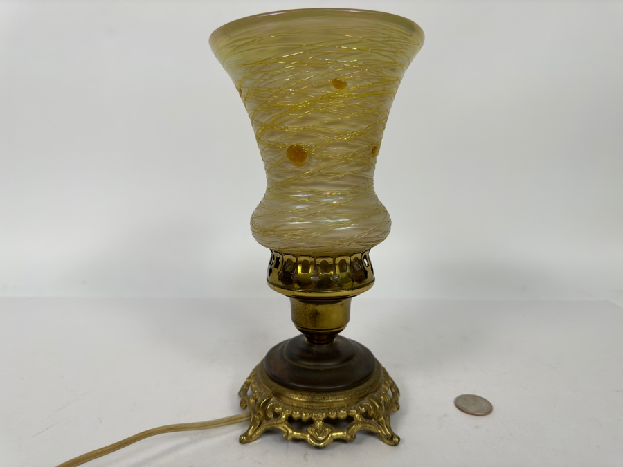Vintage Brass Table Lamp With Glass Shade 9H [Photo 3]