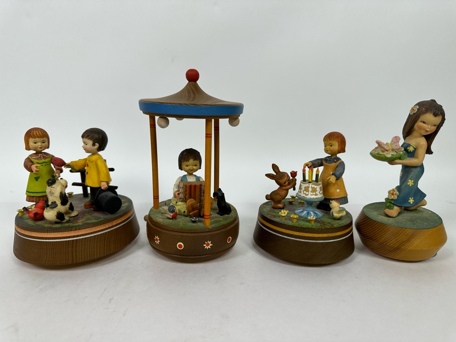 Four Vintage Anri Wooden Music Boxes