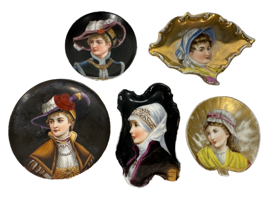 Collection Of Five Antique Victorian Hand Painted Portrait Butter Pats