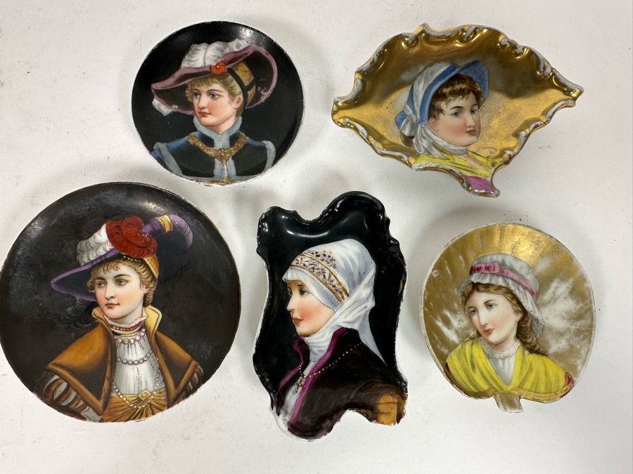 Collection Of Five Antique Victorian Hand Painted Portrait Butter Pats