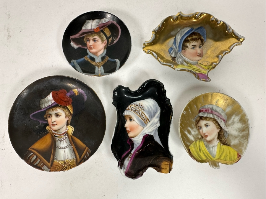 Collection Of Five Antique Victorian Hand Painted Portrait Butter Pats