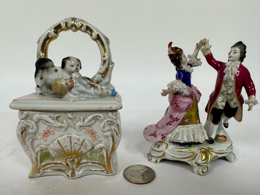 Antique Staffordshire Porcelain Box And Antique 19th Century Germany Dancing Couple Figurine 4.5H [Photo 3]