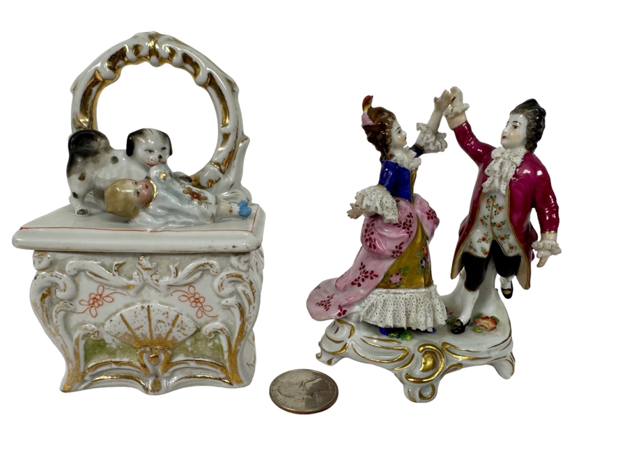 Antique Staffordshire Porcelain Box And Antique 19th Century Germany Dancing Couple Figurine 4.5H [Photo 1]