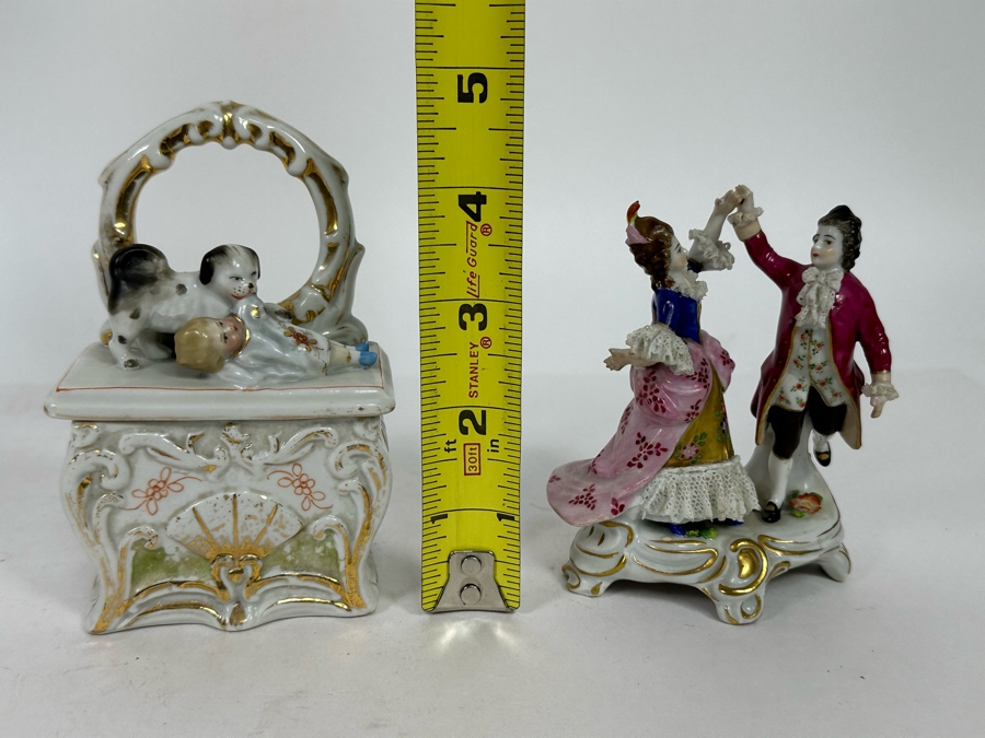 Antique Staffordshire Porcelain Box And Antique 19th Century Germany Dancing Couple Figurine 4.5H [Photo 15]