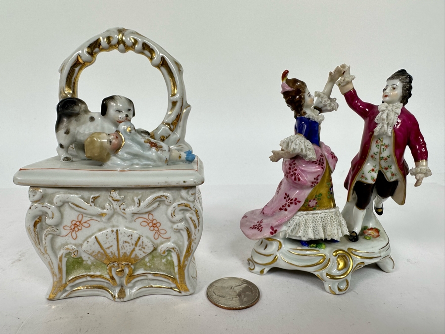 Antique Staffordshire Porcelain Box And Antique 19th Century Germany Dancing Couple Figurine 4.5H [Photo 2]
