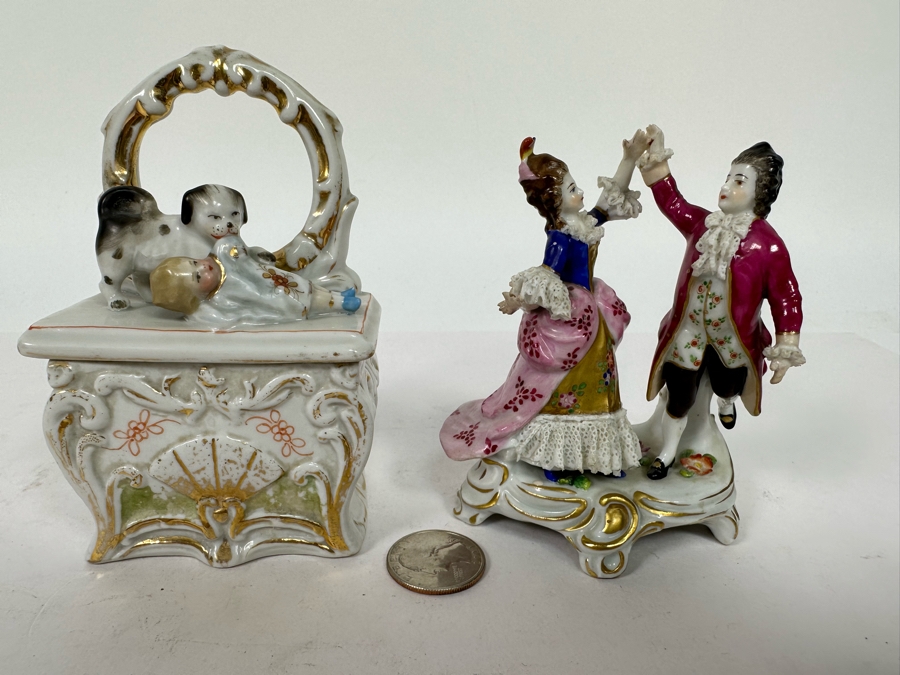 Antique Staffordshire Porcelain Box And Antique 19th Century Germany Dancing Couple Figurine 4.5H [Photo 4]