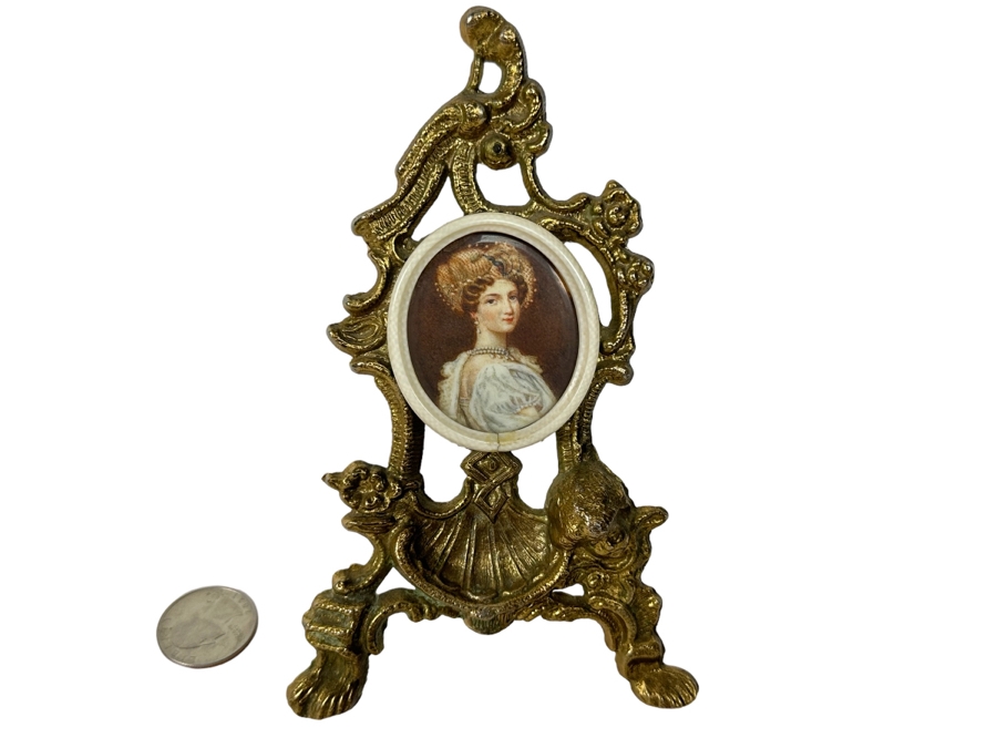 Antique Miniature Hand Painted Portrait Painting With Gilt Stand 3.5W X 6.5H