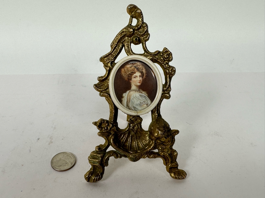 Antique Miniature Hand Painted Portrait Painting With Gilt Stand 3.5W X ...