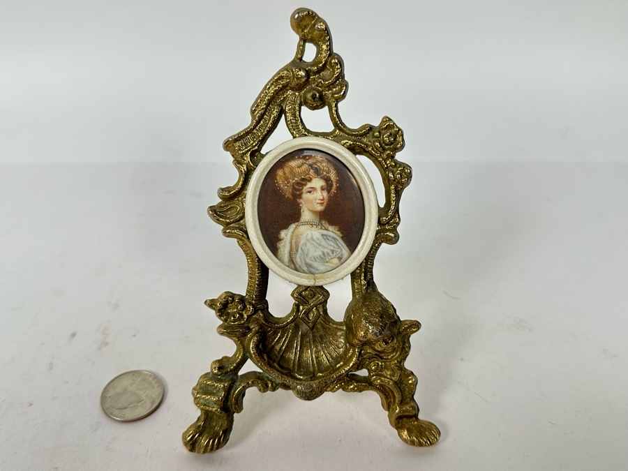 Antique Miniature Hand Painted Portrait Painting With Gilt Stand 3.5W X 6.5H [Photo 2]