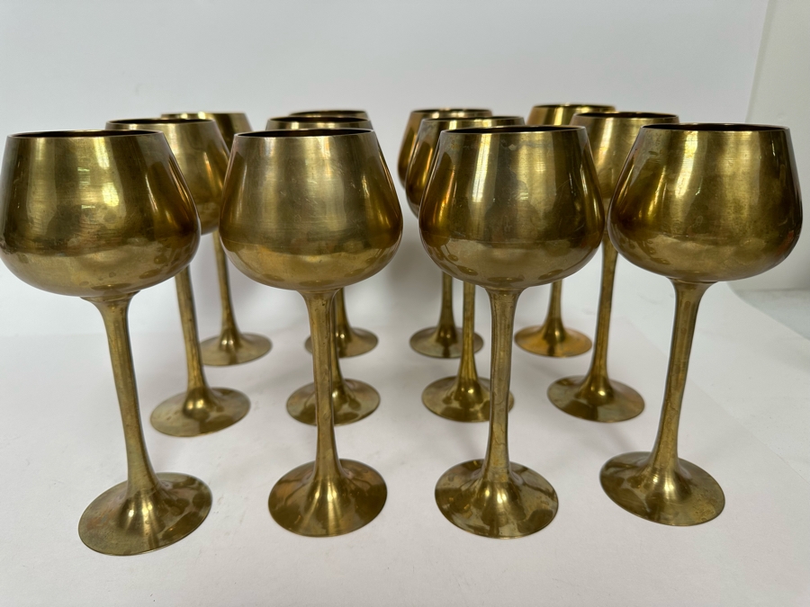 Set Of 12 Vintage India Brass Stemware Glasses 8H [Photo 3]