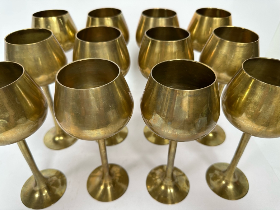 Set Of 12 Vintage India Brass Stemware Glasses 8H [Photo 4]