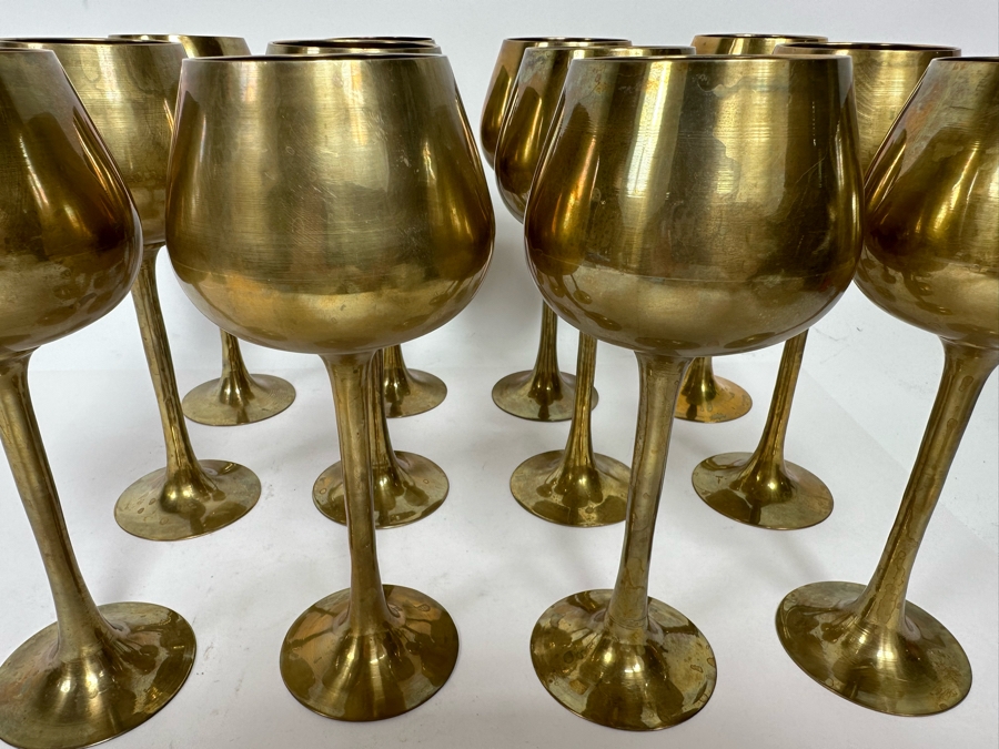Set Of 12 Vintage India Brass Stemware Glasses 8H [Photo 5]