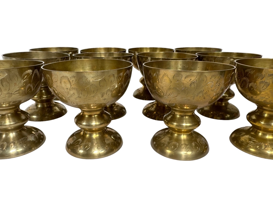 Set Of 12 Vintage India Etched Brass Footed Bowls Cups 4H