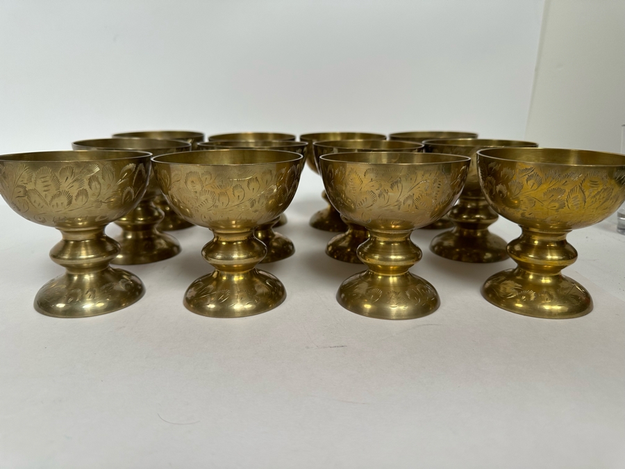 Set Of 12 Vintage India Etched Brass Footed Bowls Cups 4H [Photo 2]