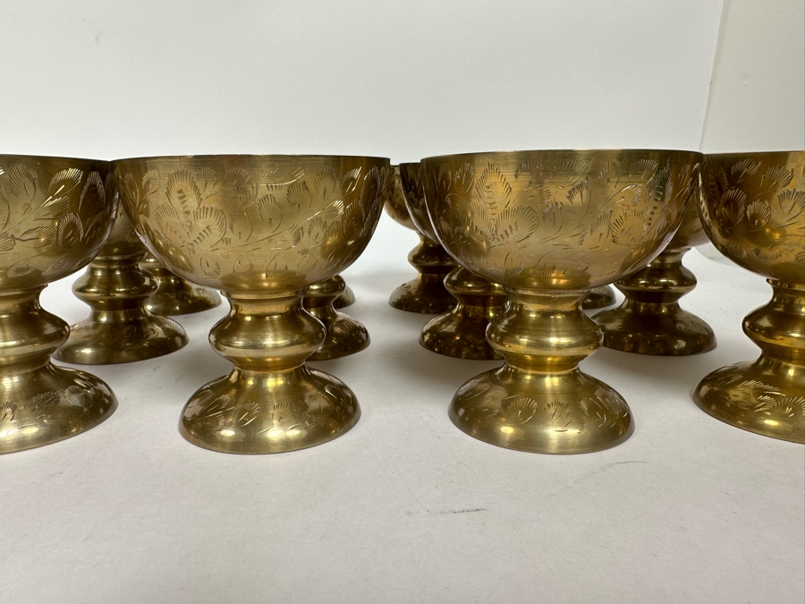 Set Of 12 Vintage India Etched Brass Footed Bowls Cups 4H [Photo 4]