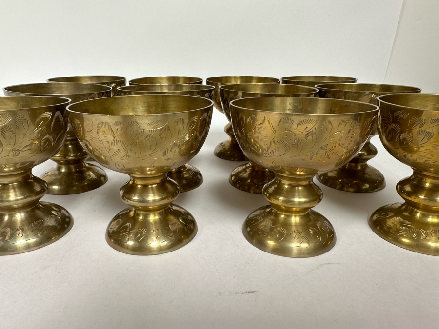 Set Of 12 Vintage India Etched Brass Footed Bowls Cups 4H [Photo 3]